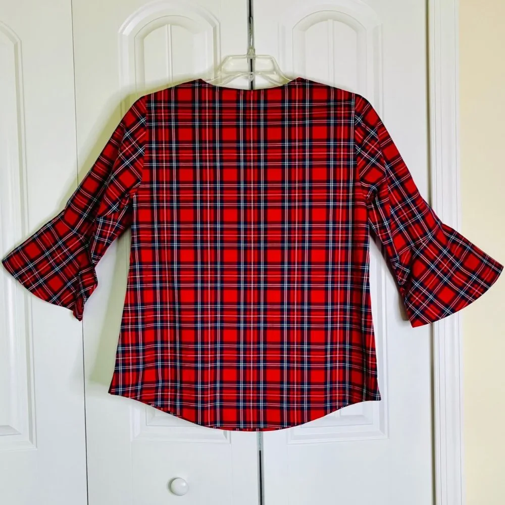Draper James Red Plaid Button-Down Ruffle Front Top - Picture 4 of 7